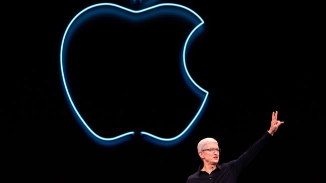 Apple CEO Tim Cook on stage in San Jose, California. Picture: AFP