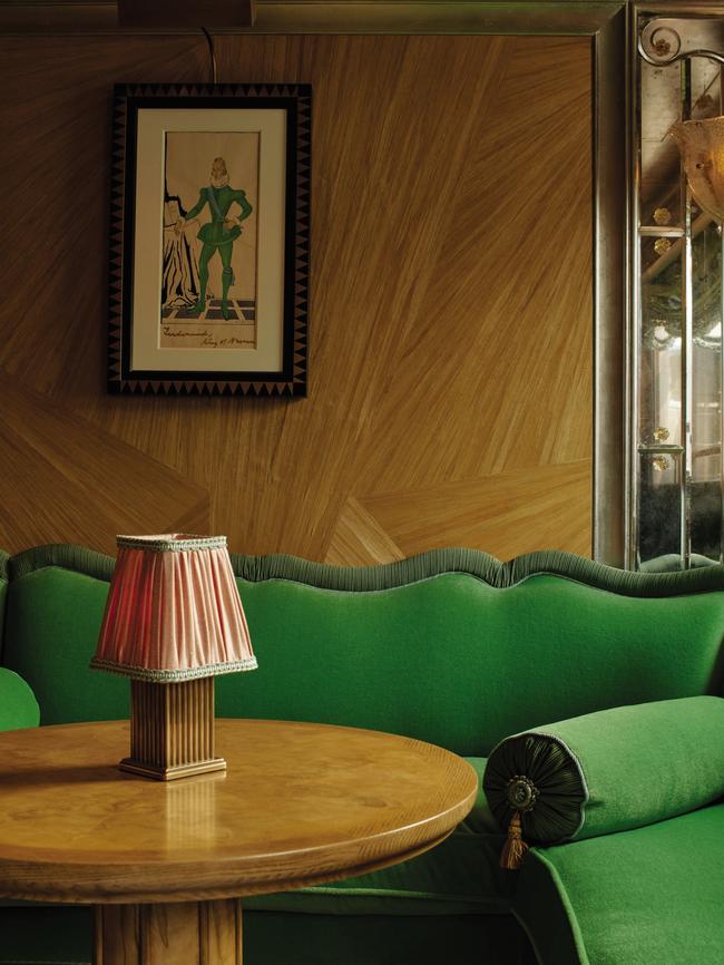 A deep-green banquette at the new-look Vesper Bar at London’s Dorchester Hotel.