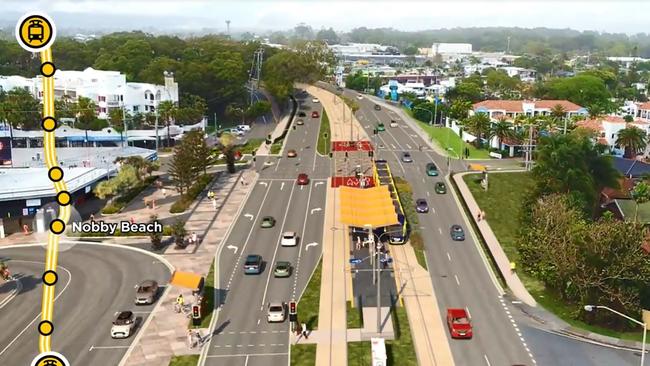 Artist impression of Gold Coast Light Rail Stage 3A route — council will take control of the Highway.