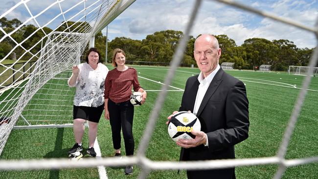 Gladesville-Hornsby Football Association is launching a lunchtime football competition to help workers in Macquarie Park get and stay fit and healthy. GHFA management team member Nikki Riddle, Jo Ryan and general manager Mark Lockie. Pictures: Troy Snook