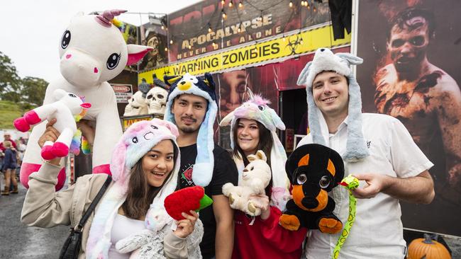 Getting into sideshow alley are (from left) Vielah Rodriguez, Jake Peachey, Jessica Forbes and David Collin at the 2022 Toowoomba Royal Show, Saturday, March 26, 2022. Picture: Kevin Farmer