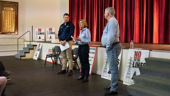 Three Powerlink representatives attended a public meeting in the Kilkivan Town Hall to speak to residents with properties and houses along the selected 1km wide study corridor. Wednesday, May 3, 2023. Picture: Christine Schindler