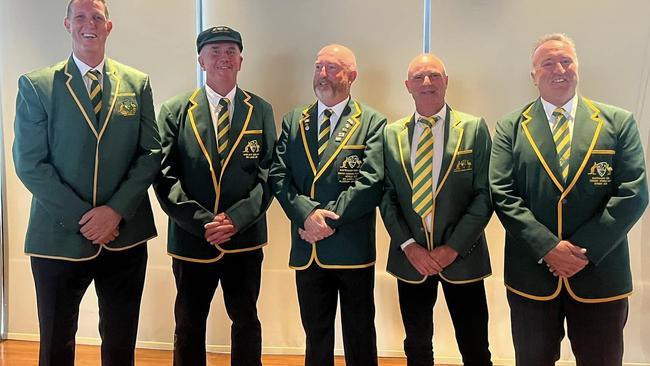 Geelong cricketer Grant Dew (centre) with other members of the Australian Over 50s team. Picture: Australian Over 50s Cricket.