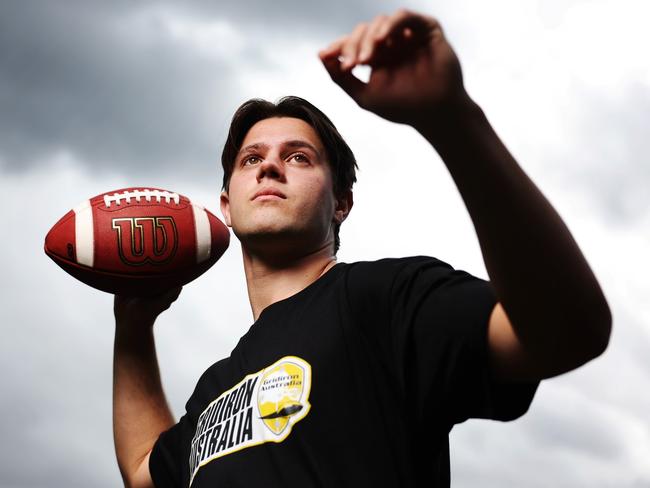 SYDNEY, AUSTRALIA - OCTOBER 17: Australian Gridiron player Cayden Close poses for a photo on the announcement of new program sports for the Los Angeles 2028 Olympic games during a media opportunity at Museum of Contemporary Art on October 17, 2023 in Sydney, Australia. (Photo by Mark Evans/Getty Images for the AOC)