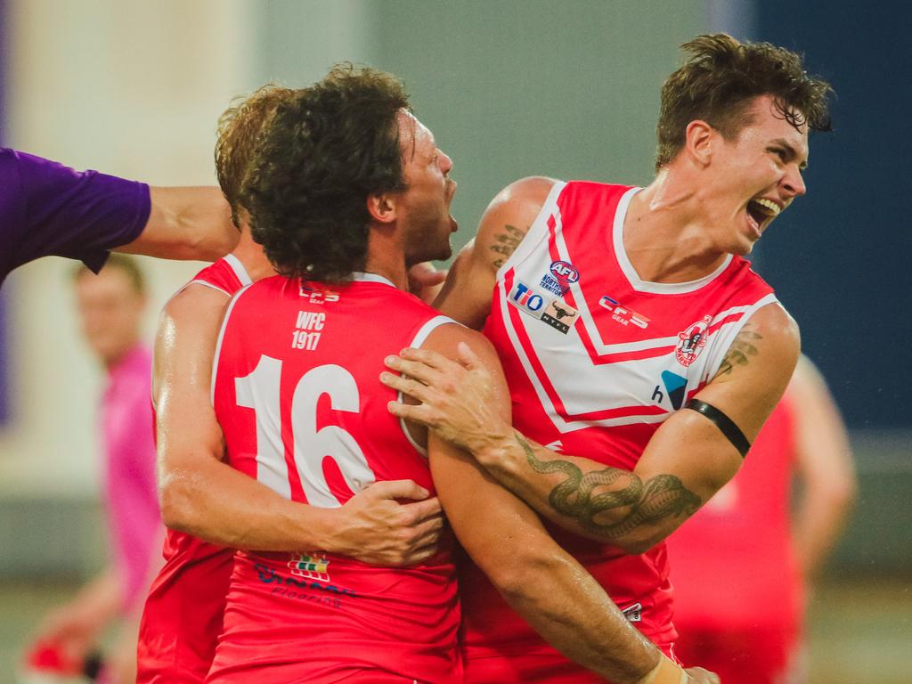 Cam Arnold celebrates after booting a goal for Waratah against Nightcliff Tigers. Picture: Glenn Campbell