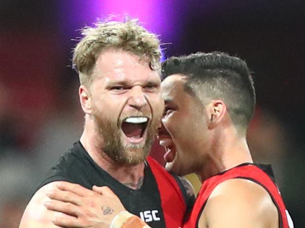 GOLD COAST, AUSTRALIA - JULY 28: Jake Stringer of the Bombers celebrates a goal during the round 19 AFL match between the Gold Coast Suns and the Essendon Bombers at Metricon Stadium on July 28, 2019 in Gold Coast, Australia. (Photo by Chris Hyde/Getty Images)