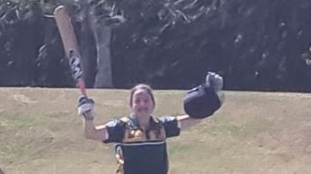 Riley Dealy, 13, celebrates after making her maiden century in the under 13's Gold Coast Cricket competition. Picture: Supplied