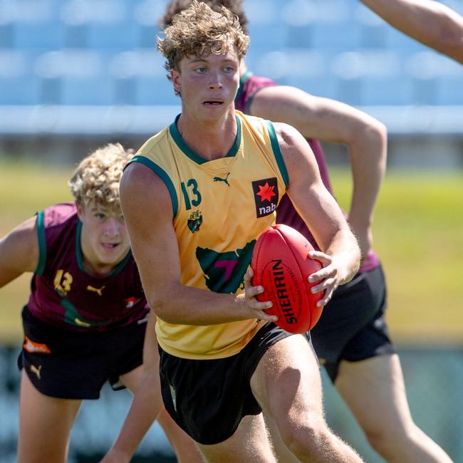 Ben Barwick in control of the ball in the talent program players practice match at Twin Ovals on Sunday 23rd February 2025. Picture: Linda Higginson