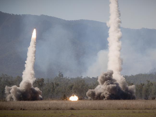 High Mobility Artillery Rocket Systems of the United States Army and United States Marine Corps launch rockets during a firepower demonstration held at Shoalwater Bay Training Area in Queensland, during Talisman Sabre 2021. Picture: Supplied