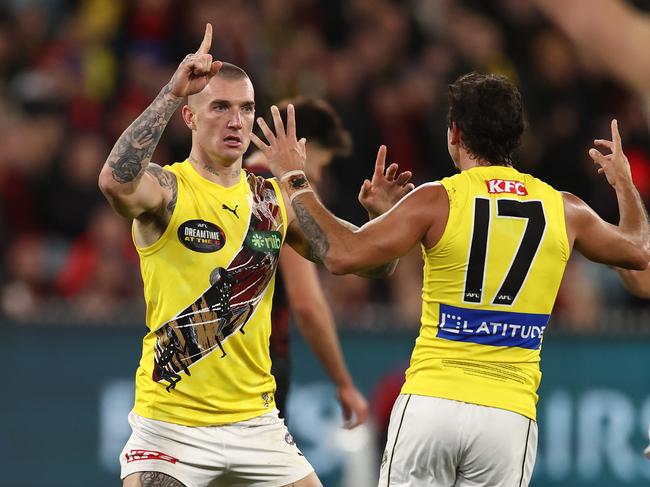 MELBOURNE. 20/05/2023. AFL. Round 10. Dreamtime at the G. Essendon vs. Richmond at the MCG. Richmonds Dustin Martin celebrates a 2nd quarter goal. Pic: Michael Klein