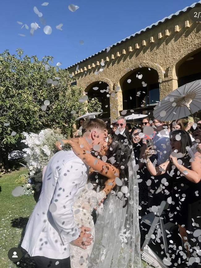 The couple at their second ceremony at Simon Hackett Winery at McLaren Vale. Picture: Supplied