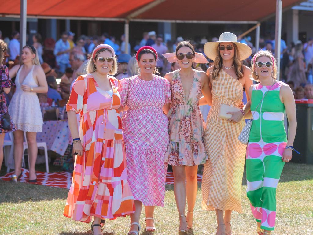 Harriet Kemptin, Simone Moore, Georgina Murphy, Lisa Andrew, Georgie Cameron , Mary Frryar and Eliza Dobson at the 2021 Great Northern Darwin Cup. Picture: Glenn Campbell