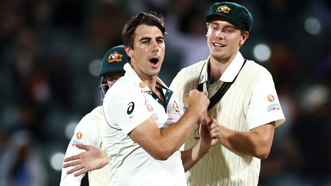 Pat Cummins celebrates after his late wicket. Picture: Getty Images