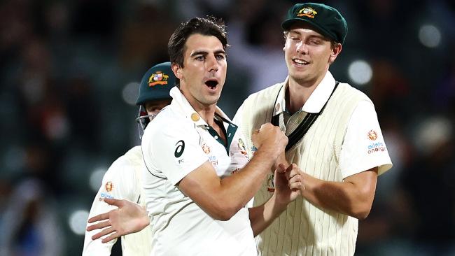 Pat Cummins celebrates after his late wicket. Picture: Getty Images