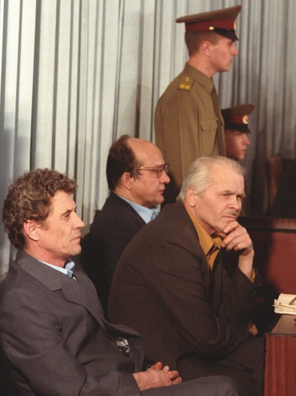 The 1987 trial of Anatoly Dyatlov, Viktor Bryukhanov (L) , and Nikolai Fomin, held responsible for the Chernobyl accident.