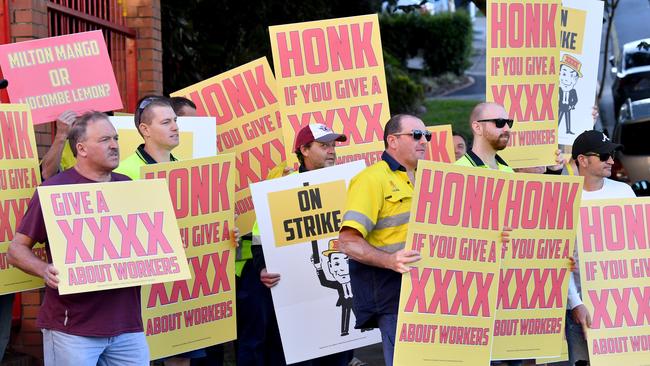 XXXX brewery workers strike for the sixth time in six weeks at Milton. Picture: AAP/Darren England