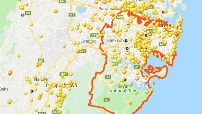 A map of fox sightings across southern Sydney in October 2018. Picture: Feral Scan