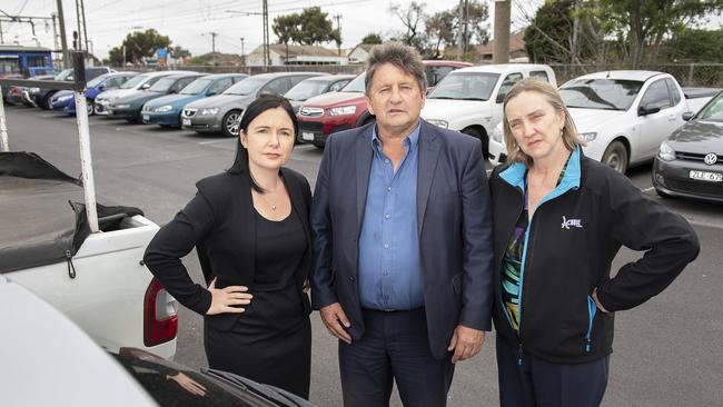 Hume Mayor Carly Moore and councillors Geoff Porter and Karen Sherry are pushing for the State Government to fund more car parks near Broadmeadows train station. Picture: Ellen Smith