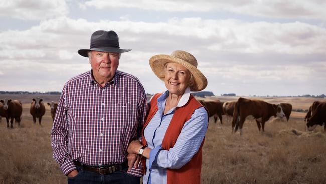 Cam and Carol Emerson run Alva Downs at Tahara. Pictured with their Hereford cattle. Picture: Nicole Cleary