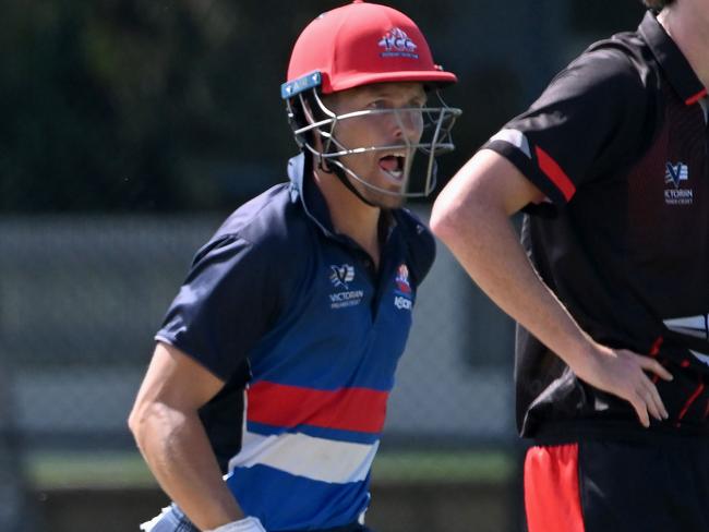 FootscrayÃs Dylan Brasher and  Daniel Sartori during the Premier Cricket match between Footscray and Essendon in Footscray, Saturday, March 19, 2022. Picture:Andy Brownbill