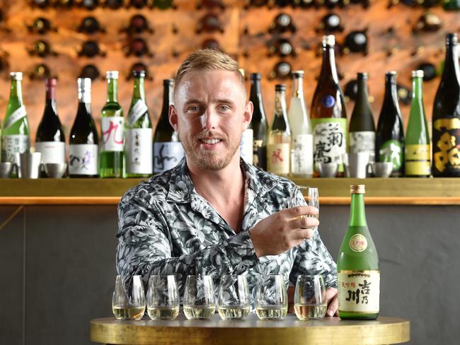 Head sommelier Christopher Entwistle tastes sakes at Fujisaki, Barangaroo. Picture: Troy Snook