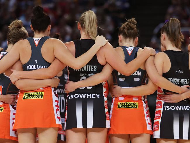 Players come together before the Super Netball match between the Giants and the Magpies at Qudos Banks Arena, Homebush. Picture: Brett Costello