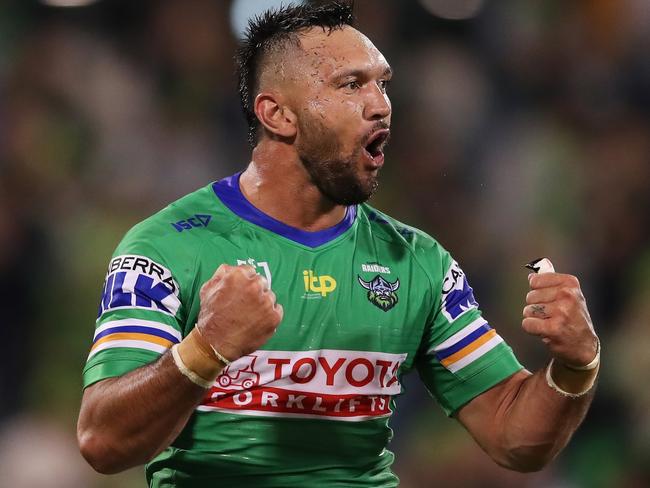 CANBERRA, AUSTRALIA - MARCH 26:   Jordan Rapana of the Raiders celebrates victory after the round three NRL match between the Canberra Raiders and the Gold Coast Titans at GIO Stadium, on March 26, 2022, in Canberra, Australia. (Photo by Matt King/Getty Images)