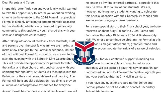 An email was sent to parents of Canterbury College students in year 11 about next year’s senior formal.