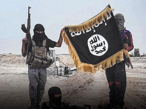 Islamic State fighters pose with their flag.