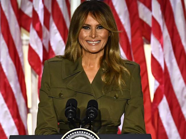 US First Lady Melania Trump addresses the Republican Convention during its second day from the Rose Garden of the White House August 25, 2020, in Washington, DC. (Photo by Brendan Smialowski / AFP)