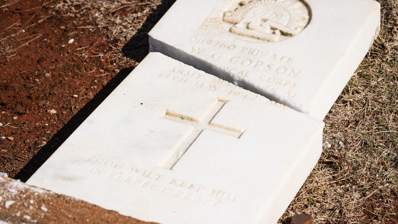 Vandals have damaged or destroyed more than 300 graves at Toowoomba's Drayton Cemetery, Sunday, August 11, 2024. Picture: Kevin Farmer