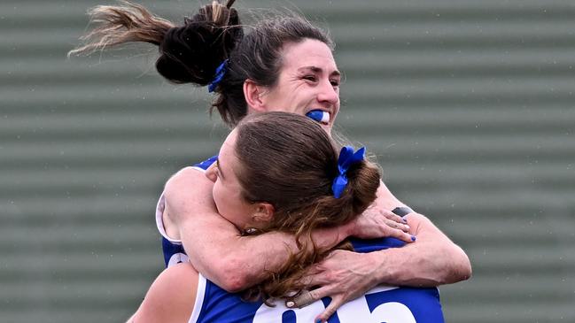 Coburg DistrictsÃ Jacinta Brew celebrates a goal with  Chiara Chiavaroli during the EDFL women Coburg Districts v Sunbury Lions Grand Final in Glenroy, Saturday, Aug. 17, 2024. Picture: Andy Brownbill