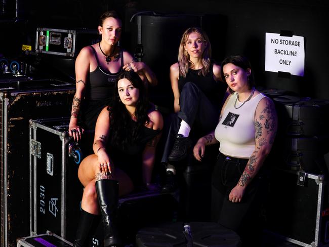 Canberra-born rock band Teen Jesus and the Jean Teasers, (L-R) Scarlett McKahey, Neve Van Boxsel, Jaida Stephenson and Anna Ryan backstage at the ARIAs before a rehearsal. The band is nominated in the breakthrough artist category at the ARIA Awards, to be held in Sydney on Wednesday evening. They'll be performing at the ARIAs, and the quartet is supporting US band Pearl Jam on its current Australian tour, including a show at Melbourne's Marvel Stadium on Monday night. Jane Dempster/The Australian