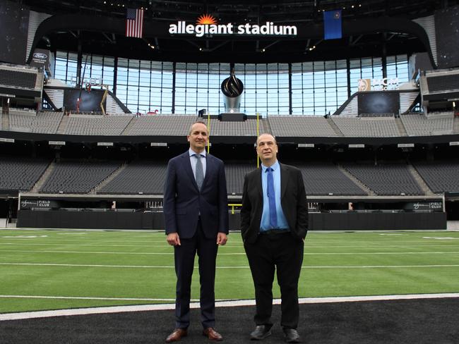 NRL CEO Andrew Abdo and ARLC chair Peter V'landys at Allegiant Stadium in Las Vegas. Credit: Supplied.