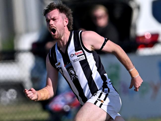 WallanÃs Sean Morris celebrates a goal during the RDFL Melton Centrals v Wallan football match in Harkness, Saturday, April 23, 2022. Picture: Andy Brownbill