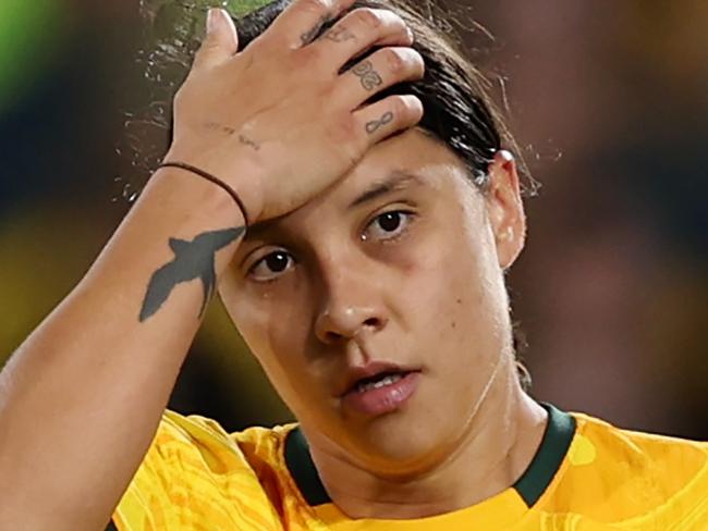 SYDNEY, AUSTRALIA - AUGUST 16: Sam Kerr of Australia reacts after England's second goal  during the FIFA Women's World Cup Australia & New Zealand 2023 Semi Final match between Australia and England at Stadium Australia on August 16, 2023 in Sydney, Australia. (Photo by Alex Pantling - FIFA/FIFA via Getty Images)