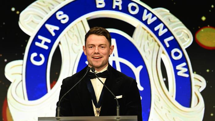 BRISBANE, AUSTRALIA - SEPTEMBER 25: Lachie Neale of the Lions gives a speech after being awarded with the Brownlow Medal during the 2023 Brownlow Medal at The Gabba on September 25, 2023 in Brisbane, Australia. (Photo by Albert Perez/AFL Photos via Getty Images)