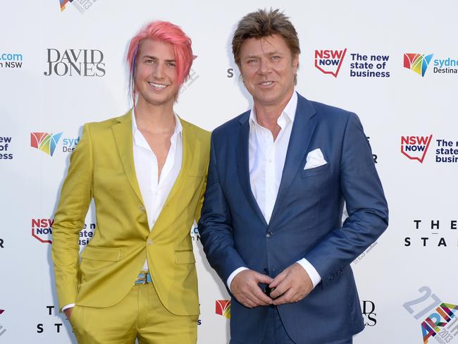 L-R: Christian Wilkins and TV presenter Richard Wilkins arrive at the 27th ARIA Awards in Sydney, Sunday, Dec. 1, 2013. (AAP Image/Dan Himbrechts) NO ARCHIVING