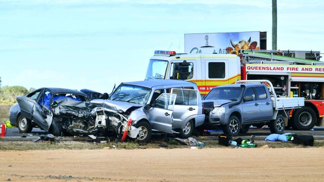 Emergency services at the fatal crash involving four vehicles south of Townsville. Picture: Alix Sweeney