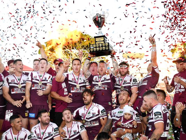 Burleigh players celebrate today’s grand final win over Wynnum Manly. Picture: AAP/John Gass