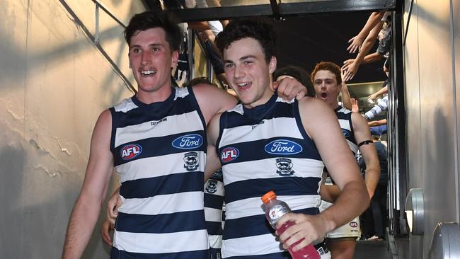 Charlie Constable and Jordan Clark after the Cats’ opening-round win over the Pies. Pic: AAP