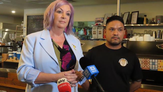 International Education, Migration and Population Minister Robyn Cahill and Dukes Cafe and Eatery owner Prabin Maharjan. Picture: Aden Hill