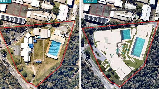 Before and after shots of the planned upgrade of the Palm Beach Aquatic Centre on the southern Gold Coast.