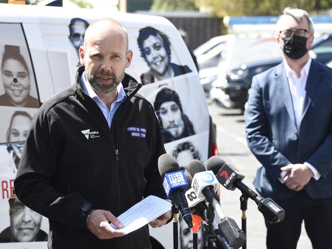 Covid Commander Jeroen Weimar and Health Minister Martin Foley at the Victorian Aboriginal Health Service on Monday. Picture: NCA NewsWire / Andrew Henshaw