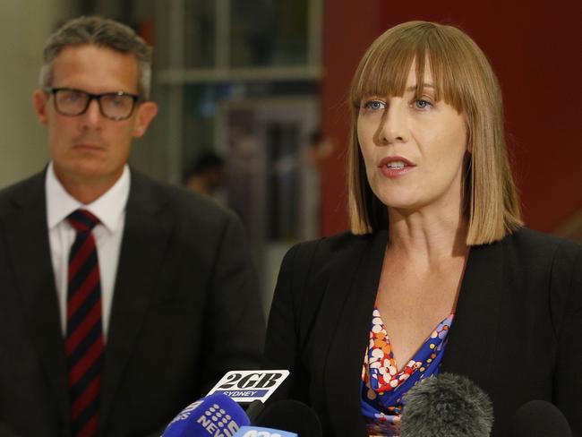 SYDNEY, AUSTRALIA - NewsWire Photos DECEMBER 19 , 2024: L to R:   Sydney Trains Chief Executive Matt Longland,  and Transport Minister Jo Haylen and Transport for NSW Secretary Josh Murray  provide an update on the rail bargaining situation in a press conference at Martin Place Station.   Picture: NewsWire / John Appleyard