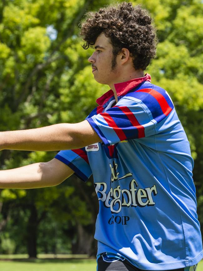 Quincy Booker wears an old Toowoomba Clydesdales jersey as he trains with the Western Clydesdales under-16 squad at Queens Park, Saturday, December 18, 2021. Picture: Kevin Farmer