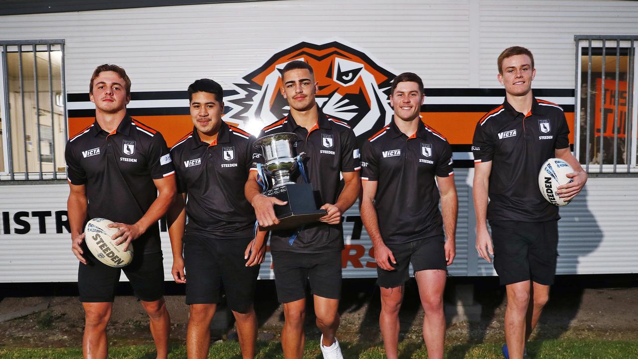 Magpies Harold Matthews winners (L to R) Will Craig, Jeremiah Leatigaga, Tallyn Da Silva, Heath Mason and Lachlan Galvin pictured. Picture: Sam Ruttyn