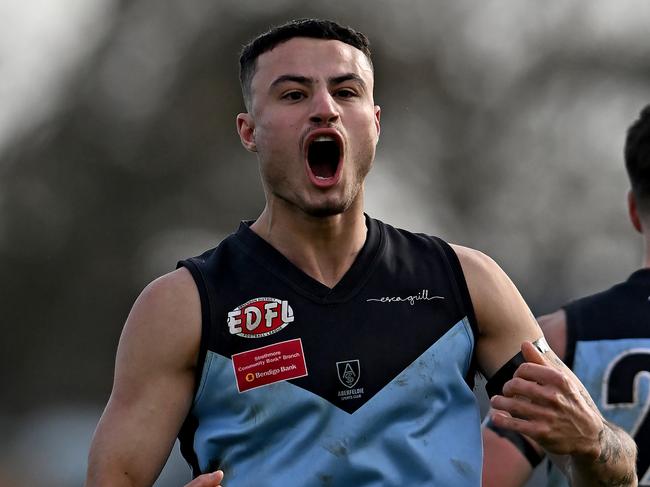 AberfeldieÃs Lucas Rocci during the EDFL Premier Division grand final between Aberfeldie and Strathmore at Windy Hill Oval in Essendon, Saturday, Sept. 10, 2022. Picture: Andy Brownbill