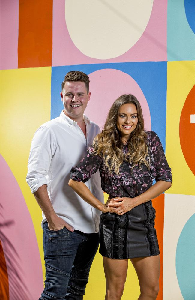 Sam Mangan with his star client Emily Skye at Pacific Fair, Broadbeach. Picture: Jerad Williams