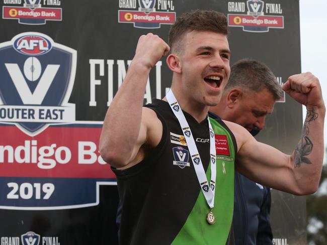 Lachie Batten was best-on-ground for Doveton in the 2019 AFL Outer East Division 1 grand final. He will play with Devon Meadows in 2021. Picture: David Crosling